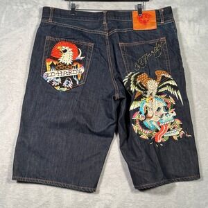 Ed Hardy Shorts Mens 42 Blue Jean Denim Jorts Eagle Skull 2007*